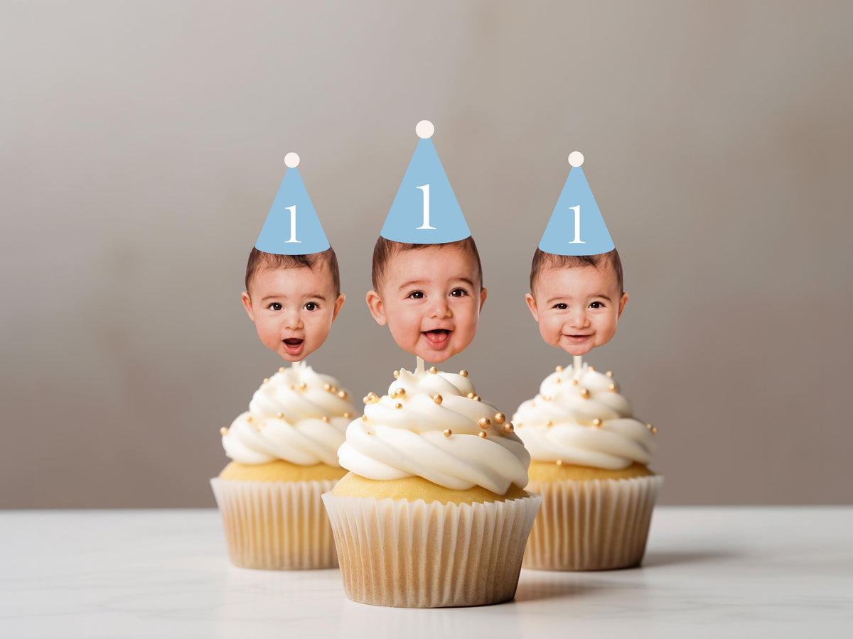 Custom Photo Cupcake Toppers – Pastel Party Hats