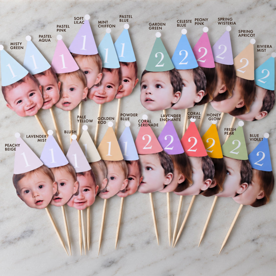 Custom Photo Cupcake Toppers – Pastel Party Hats
